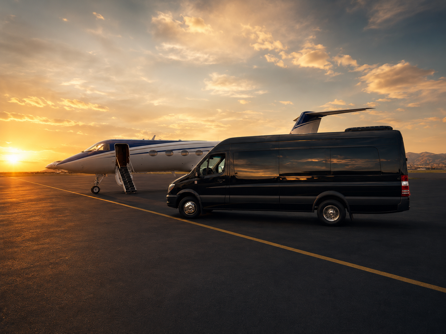 Private jet on the tarmac at sunset beside a black Mercedes-Benz Sprinter chauffeur van